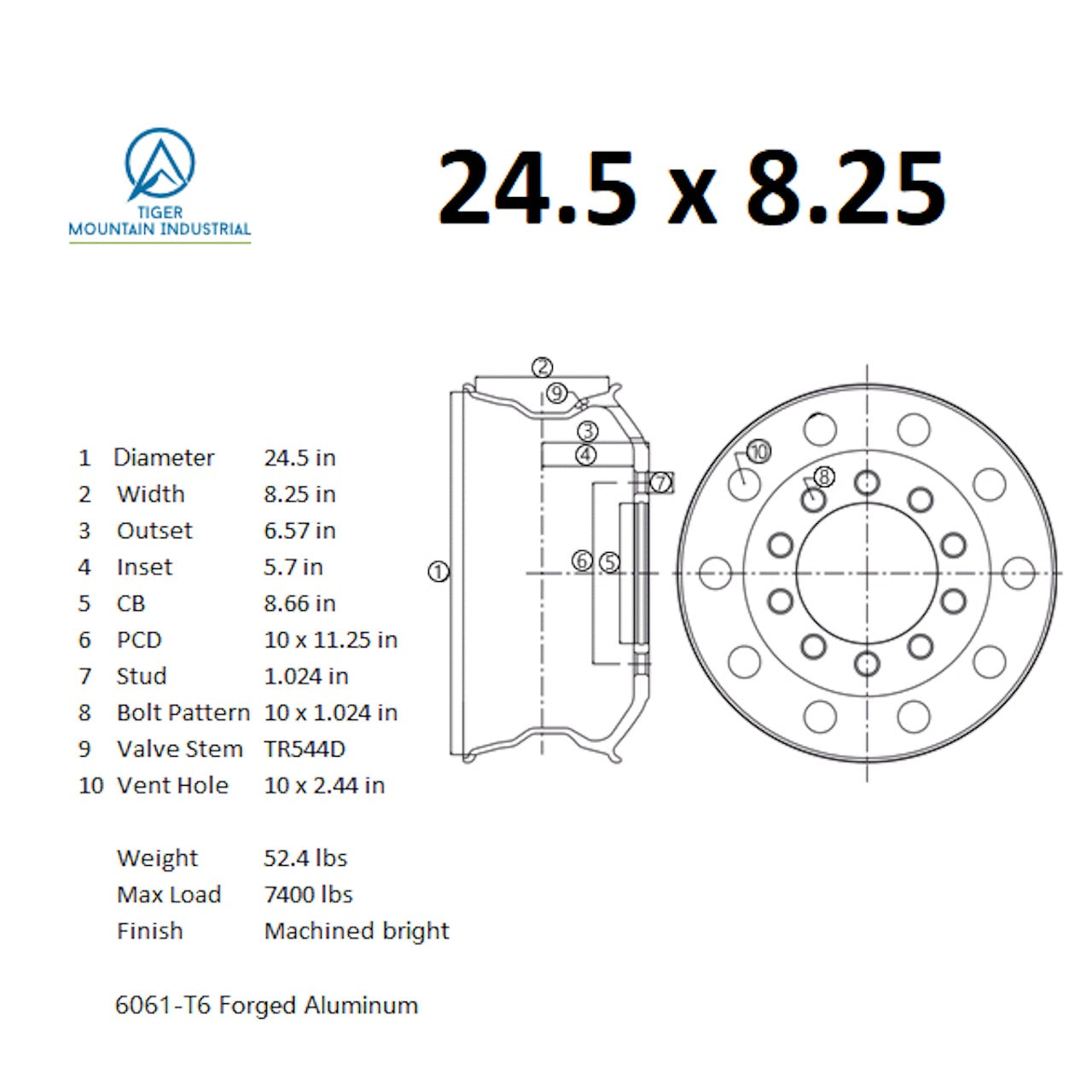 24.5 x 8.25 Truck Wheel Forged Aluminum Rim Machined Bright