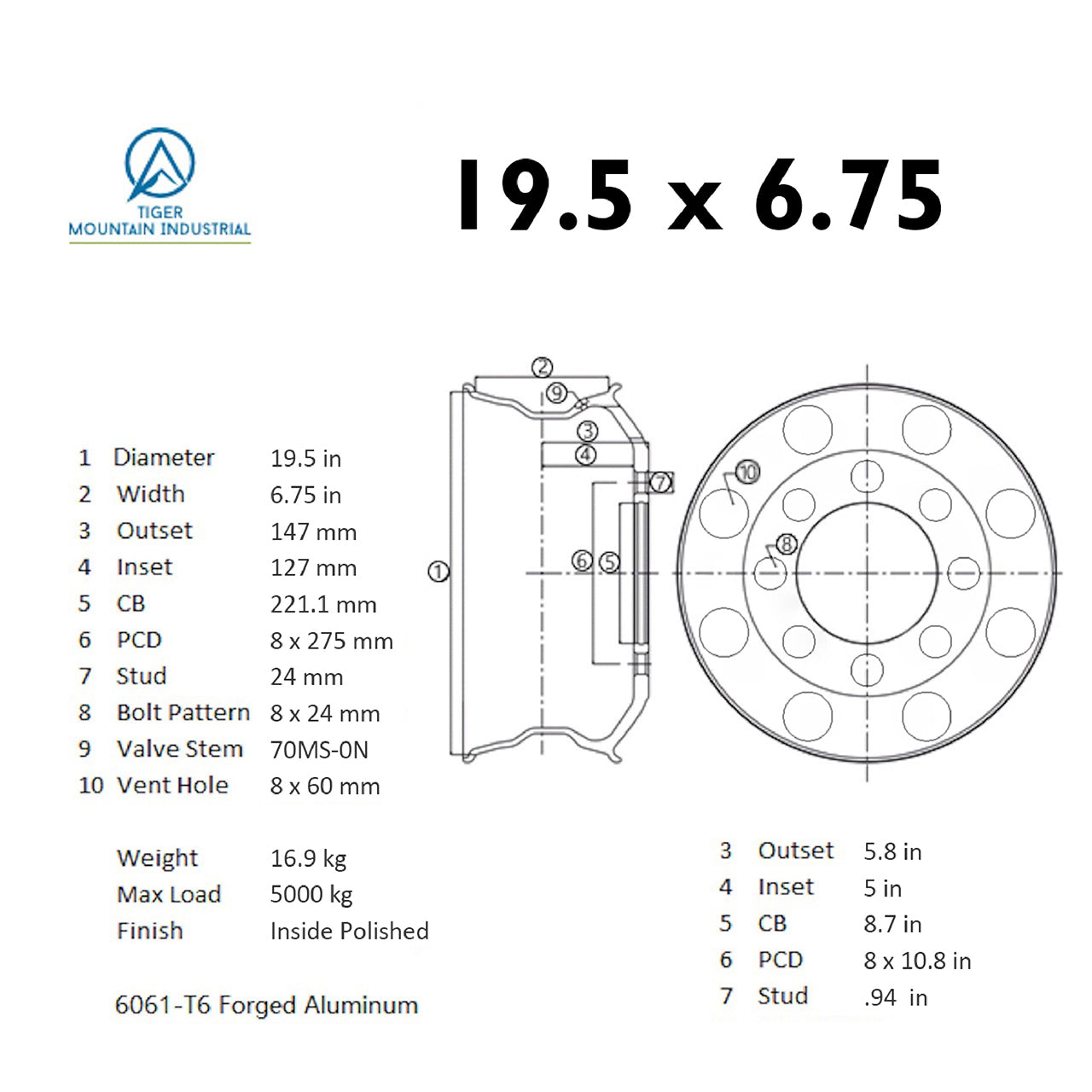 (Set of 8) 19.5 x 6.75 Truck Wheels Machined Bright BULK PRICE $317/pc 8pcs