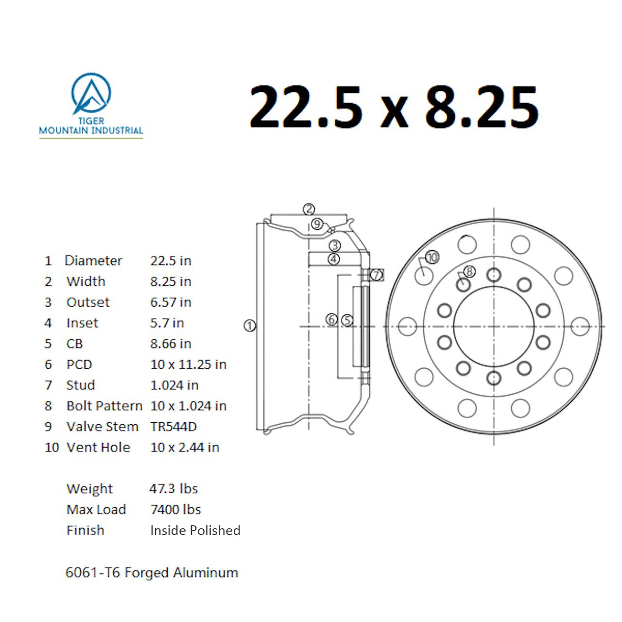 22.5x8.25 Truck Wheels 4pcs Forged Aluminum Rims $235 each BULK PRICE Both-Side Polished Mirror Hub-Piloted